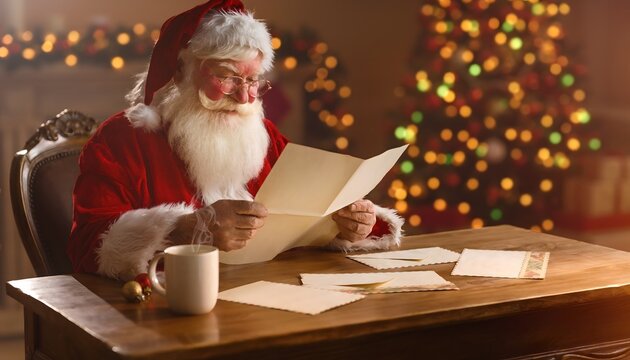 Pap&aacute; Noel leyendo cartas sentado en una mesa de madera con taza, sobres y &aacute;rbol de Navidad iluminado al fondo