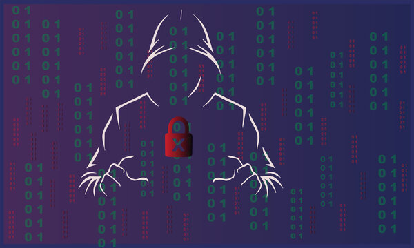 Cyber Security Concept with Hooded Hacker and Padlock. Digital Crime and Data Protection Abstract Vector Illustration for Web Design.