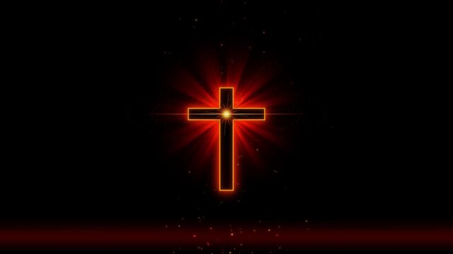 Glowing christian cross symbol with light rays and particles