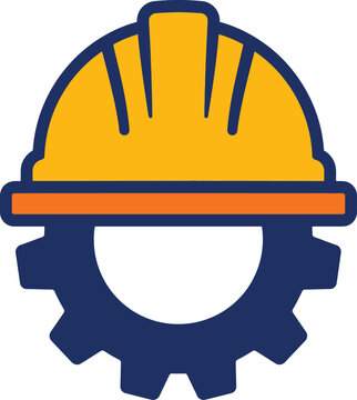 Yellow safety helmet combined with dark blue cogwheel for engineering and industrial manufacturing.