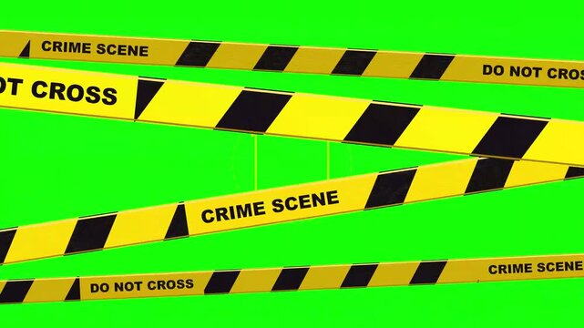 Yellow and black caution barrier tapes with crime scene do not cross warning text isolated on a solid color backdrop