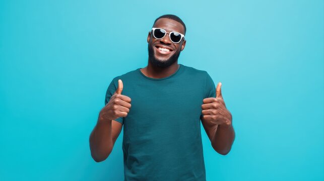 Smiling man wearing sunglasses giving thumbs up gestures against bright solid blue background, casual dark teal t-shirt, cheerful mood, lifestyle concept, summer vibe, positive attitude, happiness.