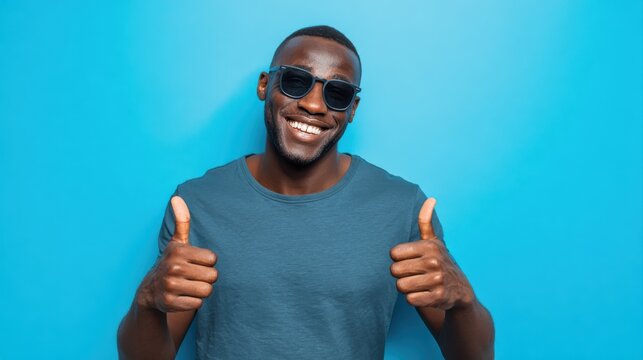 Smiling man wearing sunglasses giving thumbs up gestures against bright solid blue background, casual dark teal t-shirt, cheerful mood, lifestyle concept, summer vibe, positive attitude, happiness.