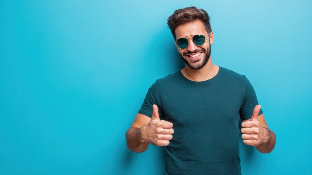 Smiling man wearing sunglasses giving thumbs up gestures against bright solid blue background, casual dark teal t-shirt, cheerful mood, lifestyle concept, summer vibe, positive attitude, happiness.
