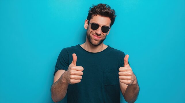 Smiling man wearing sunglasses giving thumbs up gestures against bright solid blue background, casual dark teal t-shirt, cheerful mood, lifestyle concept, summer vibe, positive attitude, happiness.