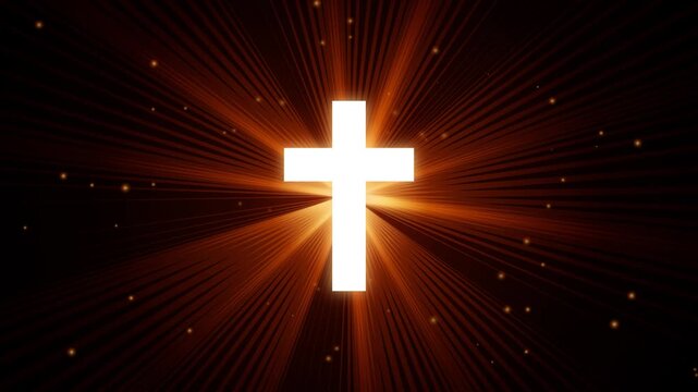 Glowing white christian cross with golden light rays