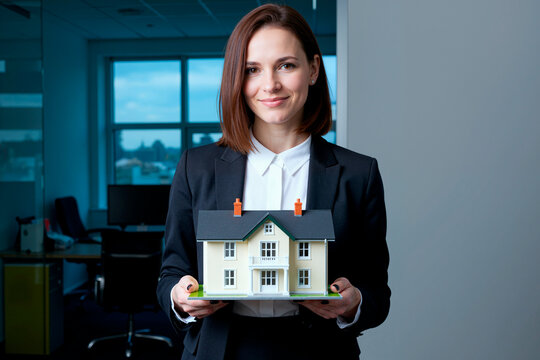 Portrait of young adult Caucasian businesswoman holding house model, presenting real estate investment and home buying concept in office. For property marketing, mortgage services, housing ads