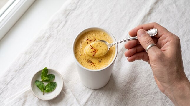 Hand scooping fresh mango lassi with saffron in a white cup on a rustic linen background.