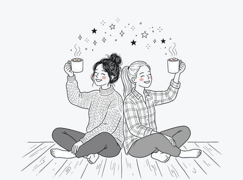 Minimalist line art of two best friends drinking coffee. Cozy girls sitting back to back with stars. Hand drawn friendship illustration.