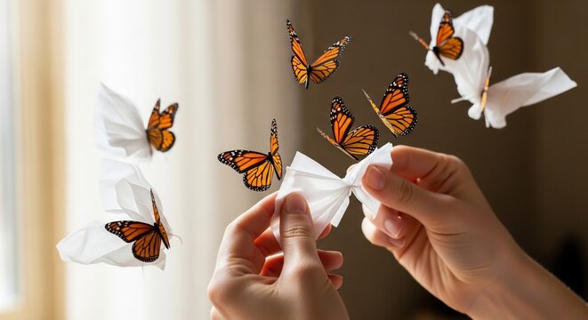 Woman creating origami butterflies