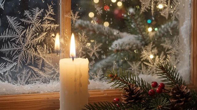 Warm candle light on a frost covered window creating a winter cozy atmosphere with holiday tree bokeh background