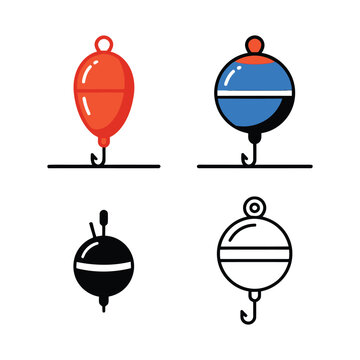 Set of colorful fishing float bobber icons with hooks for fishing hobby and outdoor recreation