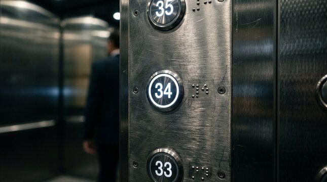 Elevator control panel buttons showing high floor levels in a modern skyscraper.