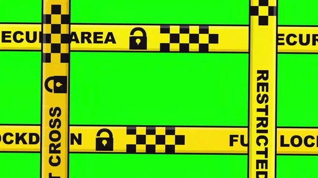 Yellow security caution barrier tapes with restricted lockdown warning signs over a green screen background for broadcast video editing projects