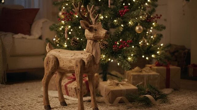 Wooden reindeer figurine standing on rug with Christmas tree and presents in background