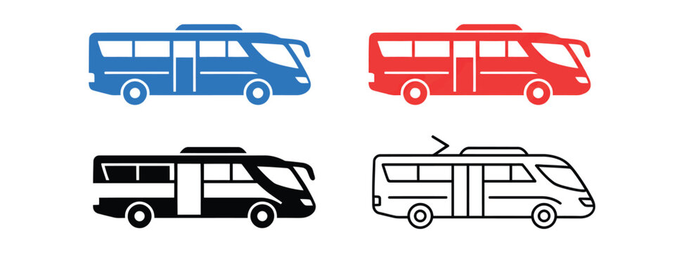 Set of four different bus icons in blue red black and outline style for transportation design