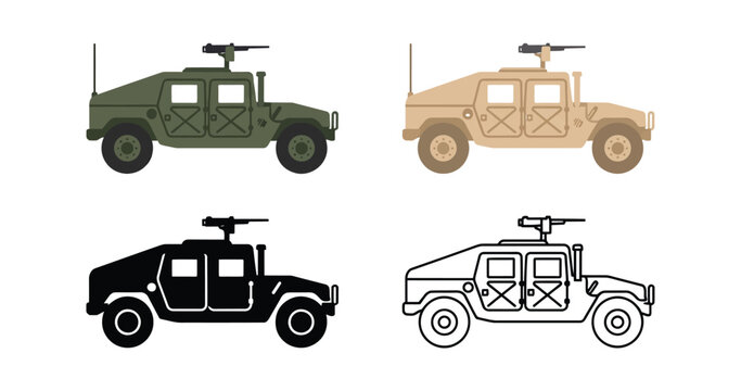 Set of four military humvee vehicle icons in different styles including flat and outline designs