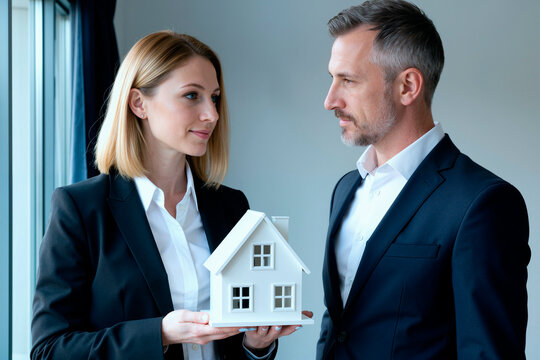 Medium shot of Caucasian businesswoman holding house model while discussing property deal with middle aged Caucasian businessman. Ideal for real estate marketing, mortgage services, investment