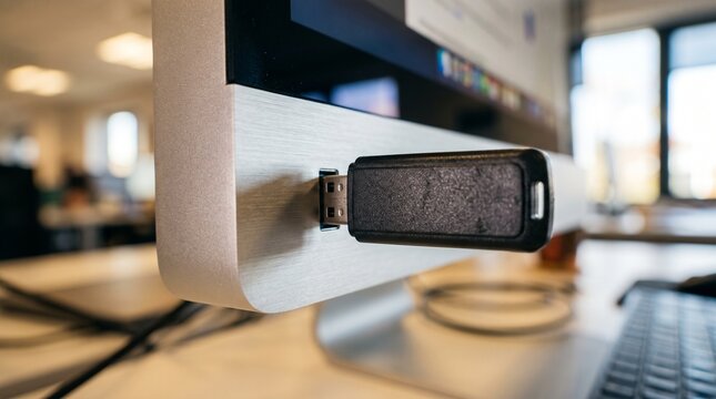 USB Flash Drive Plugged Into Computer Monitor In Modern Office Setting.