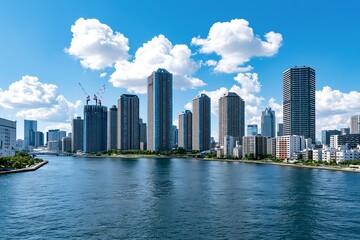 Obraz premium 青空の下に広がる東京湾岸エリアの高層ビル群の風景