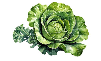 Fototapeta premium Watercolor Green Cabbage Botanical Illustration – Fresh Vegetable Clipart Transparent PNG for Kitchen Decor, Farm Market, Food Design
