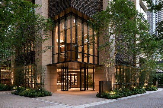 都会の夜を彩る高級マンションエントランスのモダンな建物と植栽