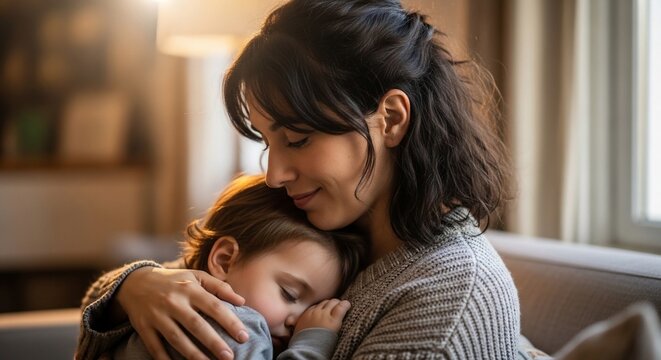 Woman embracing child indoor