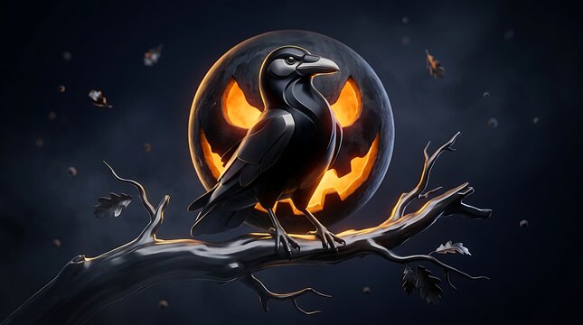 Gothic black raven on gnarled branch, spooky Halloween crow with glowing jack-o-lantern moon, dark mystical bird art