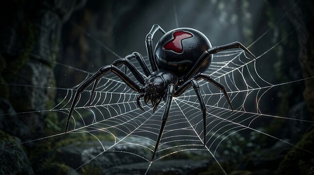 Black widow spider on web, venomous arachnid with red hourglass mark, dangerous insect in dark cave, creepy crawly nature photography