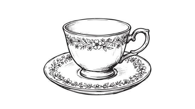 Vintage teacup and saucer vector illustration, hand drawn floral tea cup sketch, antique porcelain dishware for cafe branding