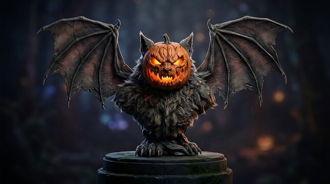 Gothic Halloween monster statue, pumpkin headed bat creature with wings, spooky jack-o-lantern gargoyle sculpture in dark forest