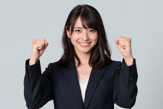 満面の笑みでガッツポーズをするポジティブなビジネスウーマン