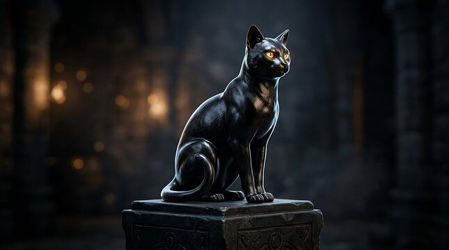 Ancient Egyptian black cat statue, mystical Bastet goddess sculpture in dark temple, obsidian feline artifact on stone pedestal