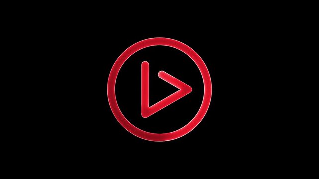 Red play icon shining on black background with circular gradient effect and metallic design elements in slow motion.