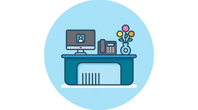Modern Reception Desk Icon with Computer and Telephone, Illustrating Office Services