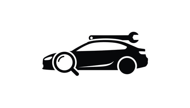 Solid black icon representing car diagnostics and auto repair with a magnifying glass and a wrench on the vehicle.