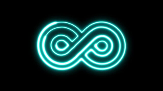 Cyan glowing infinity symbol animates and pulses on black background with light effects, abstract motion graphic loop.