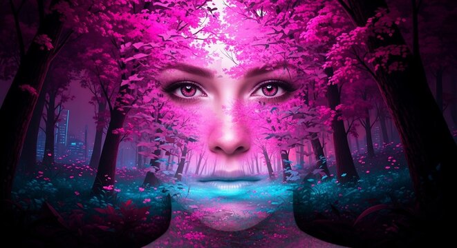 Woman face merged forest