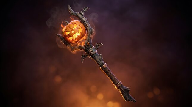 Fantasy Halloween staff with glowing jack-o-lantern, magical pumpkin scepter for gaming, spooky wizard wand with fire and smoke