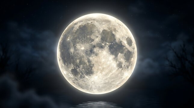 Luminous full moon in dark night sky, glowing lunar sphere over water, mystical moonlight landscape with clouds