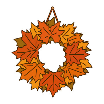 Autumn Maple Leaf Wreath Hand Drawn Illustration for Fall Harvest Thanksgiving Seasonal Home Decor