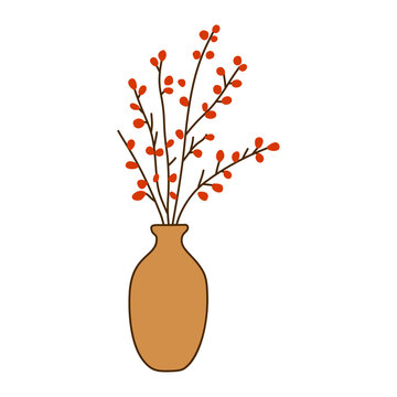 Autumn Berry Branches in Vase Hand Drawn Illustration for Cozy Fall Home Decor and Seasonal Botanical Design