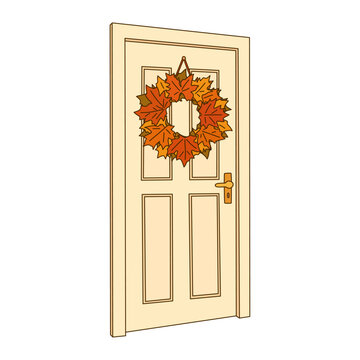 Autumn Front Door with Maple Leaf Wreath Hand Drawn Illustration for Fall Home Decor and Seasonal Welcome