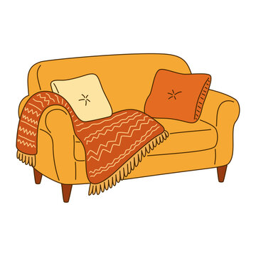 Cozy Sofa with Throw Blanket and Pillows Hand Drawn Illustration for Autumn Home Interior and Fall Decor