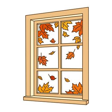Autumn Window Hand Drawn Illustration with Falling Maple Leaves for Cozy Fall Home Interior and Seasonal Decor