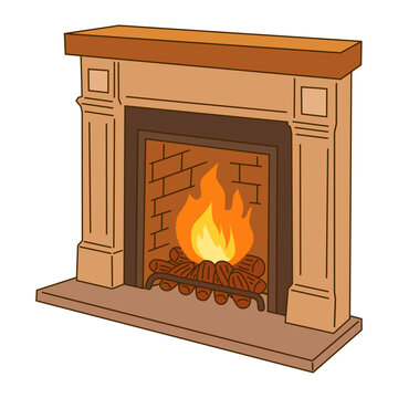 Cozy Fireplace with Burning Logs Hand Drawn Illustration for Autumn Winter Home Interior and Warm Seasonal Decor