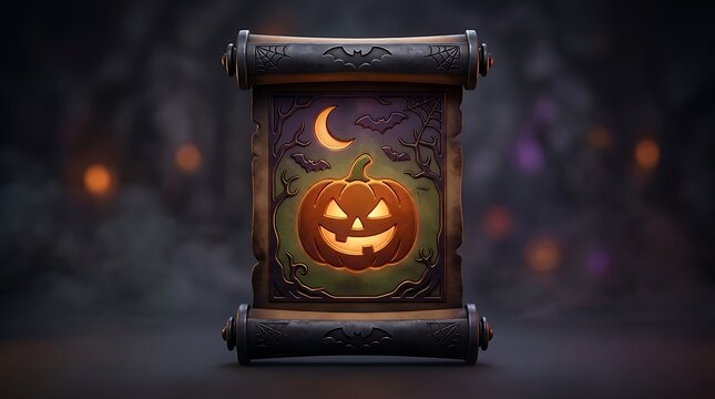 Vintage Halloween scroll with glowing jack-o-lantern, spooky pumpkin parchment in dark forest, mystical holiday banner