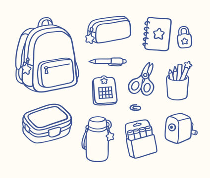 School Supplies Hand Drawn Doodle Element Set with Backpack, Pencil Case, Notebook, Lunch Box, Bottle, Scissors and Stationery