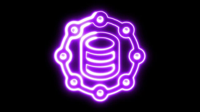 A purple neon database icon with rotating network connections around it illuminating dark background motion graphic video.