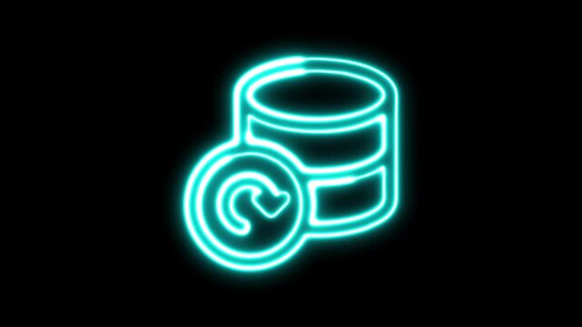 Neon database backup icon animation on black background representing cloud storage data recovery and server security tech.